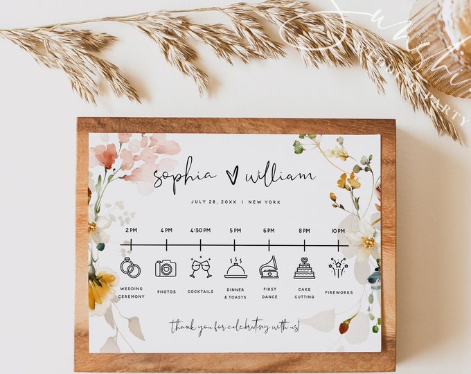 Wedding Itinerary Template, Garden Flowers, Wedding Timeline Template, Order of Events, Boho Wedding, Itinerary Cards, Instant Download, F16