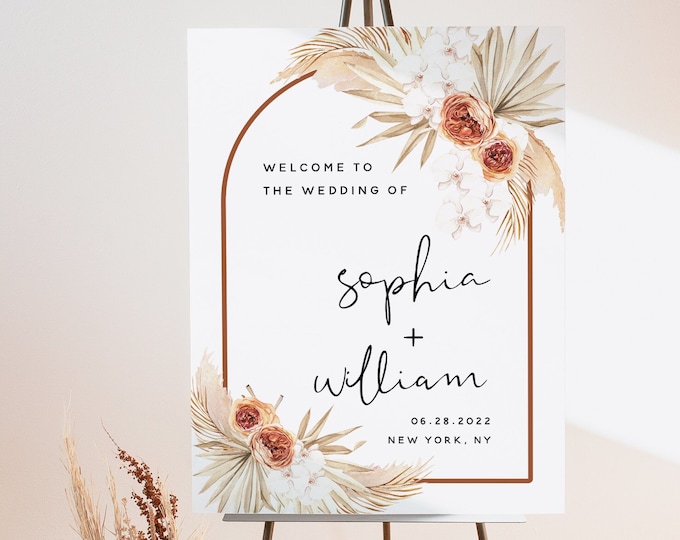 Pampas Terracotta Wedding Welcome Sign, Boho Welcome Wedding Sign, Floral Wedding Welcome Sign, Modern Wedding Signs, Editable Template, T4