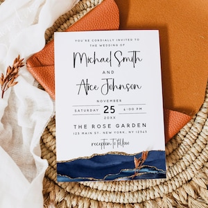 Navy Blue and Gold Agate Wedding Invitation Template, Minimalist Modern Wedding, Editable Wedding Invitation Card, Printable Invitation, M19