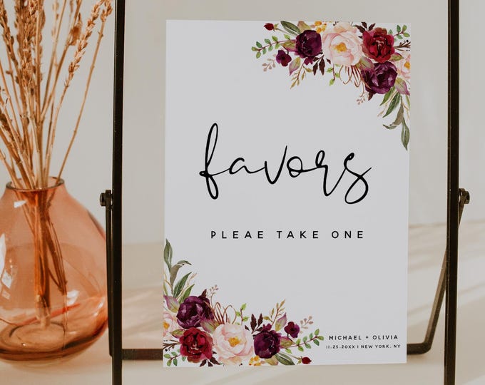 Favors Sign Template: Boho Dusty Pink Burgundy Floral, Printable Floral Wedding Favor Table Sign, Editable Reception Sign, Download | F2