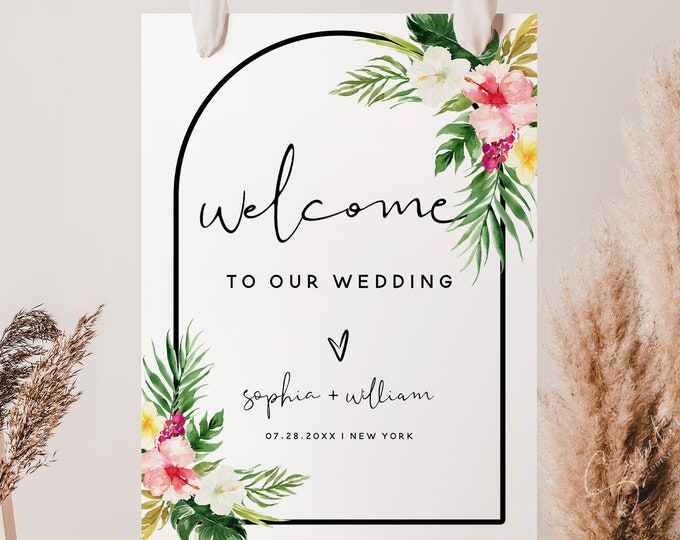 Hawaiian Wedding Welcome Sign Template, Wedding Welcome Sign Board, Printable Welcome Sign Cards, Editable Template, Instant Download, H1