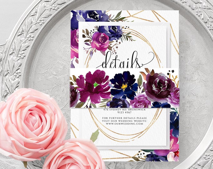 Blue Purple Wedding Belly Band Template Floral Printable Editable Wedding Belly Band Template Wedding Bellyband Instant Download Templett F9