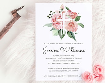 Baptism Invitation Template | Editable Baby Girl Baptism Invite | Add Photo on Back | Templett | Printable | Instant Download | Floral