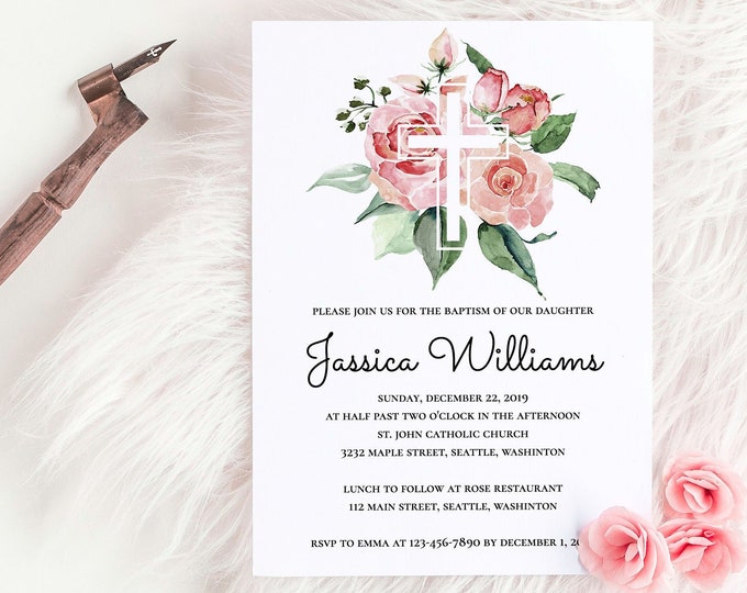 Baptism Invitation Template | Editable Baby Girl Baptism Invite | Add Photo on Back | Templett | Printable | Instant Download | Floral