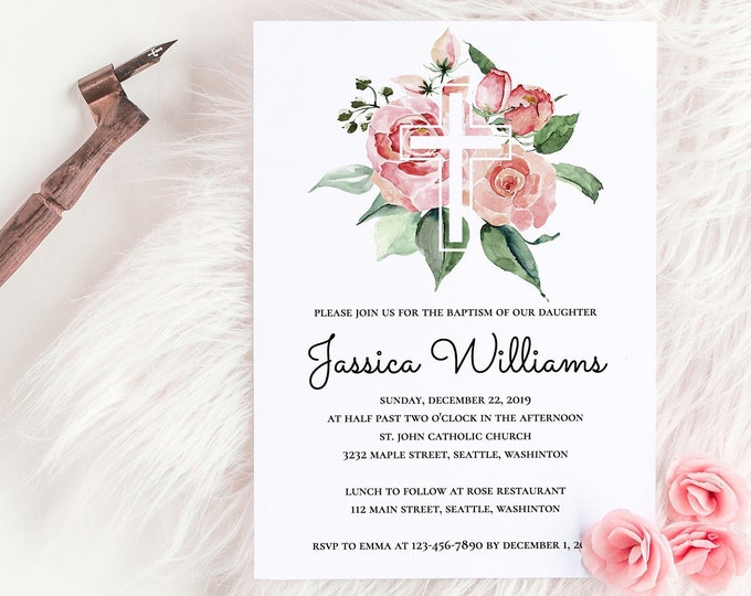 Baptism Invitation Template Fully Editable Baptism Invitation Christening Invitation Printable Baptism Invitation Templett Pink Floral Cross