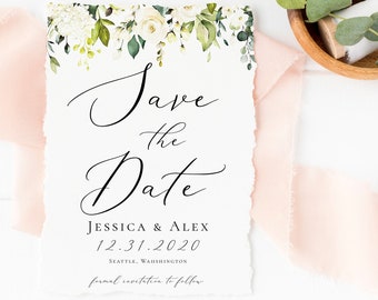 Save the Date, White Floral Invitation Template, White Greenery, Printable Invitation, INSTANT DOWNLOAD, Editable Text, DIY, Templett, F7