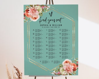 Coral and Green Alphabetical Seating Chart Template, Floral Wedding Seating Chart Sign, Wedding Printable Sign, DIY Editable Template, F22