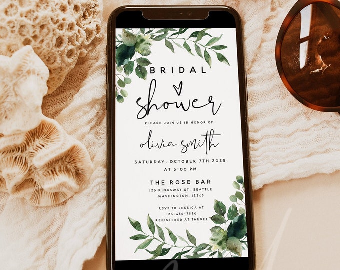 Editable Greenery Bridal Shower Invitation | Digital Evite Template | Instant Download via Templett | Share or Print | Electronic Invite |G5