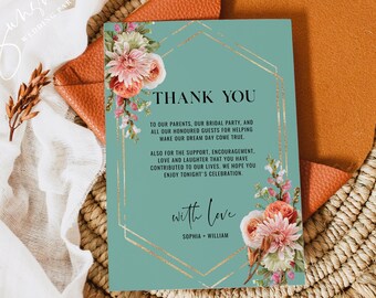 Coral and Green Wedding Thank You Cards Template, Thank You Letter, Thank You Note, Printable Wedding Thank You Card, Instant Download, F22