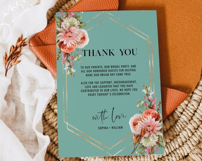 Coral and Green Wedding Thank You Cards Template, Thank You Letter, Thank You Note, Printable Wedding Thank You Card, Instant Download, F22