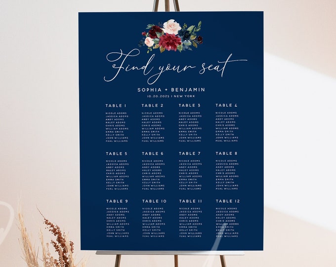 Navy Burgundy Wedding Seating Chart Sign Template, Marsala Floral Seating Board, Wedding Seating Chart Sign, Instant Download, Templett, F17