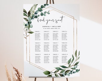 Greenery Wedding Seating Chart Template, Eucalyptus Wedding, Seating Plan Sign, Bohemian Wedding, Printable Signs, Editable Template, G5