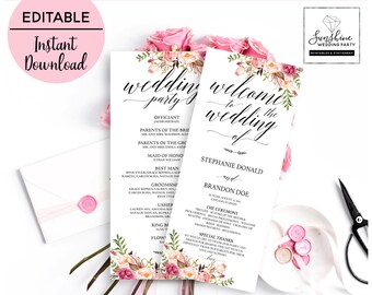 Welcome to Wedding Wedding Party Floral Wedding Program Template Script Font Long Editable Printable Wedding Program digital download
