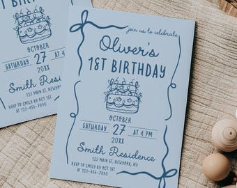 Blue First Birthday Invitation Template | Whimsical Handwritten Bow Tie Invitation | Editable First Birthday Invite | Boy 1st Birthday | W2