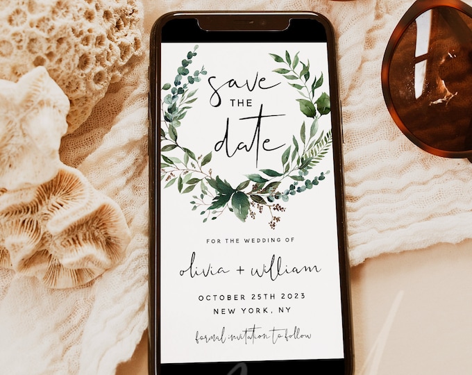 Electronic Save the Date Template, Greenery Wedding, DIY Digital Save the Date Evite, Editable Save the Date, Instant Download, Templett, G5