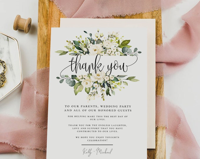 Wedding Thank You Card Template, White Floral Thank You Card, Marsala Boho Wedding, Printable Template, Editable Text, Instant Download, F7
