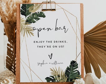 Tropical Greenery Open Bar Sign Template, Monstera Wedding, Open Bar Sign, Alcohol Drink Bar Sign, Editable Template, Instant Download, TG1
