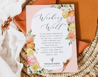 Tropical Citrus Wedding Wishing Well Card Template, Boho Floral Wedding, Printable Wishing Well Card, DIY Editable, Instant Download, C4