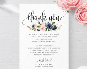 Navy & Blush Wedding Thank You Card Template Floral Wedding Thank You Card Editable Template Printable Template INSTANT DOWNLOAD Templett F6