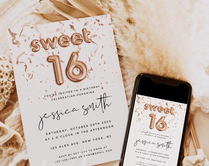Sweet 16 Invitation Template | Editable Birthday Invite | Rose Gold Confetti | Templett | Instant Download | Printable Party Card | Balloon