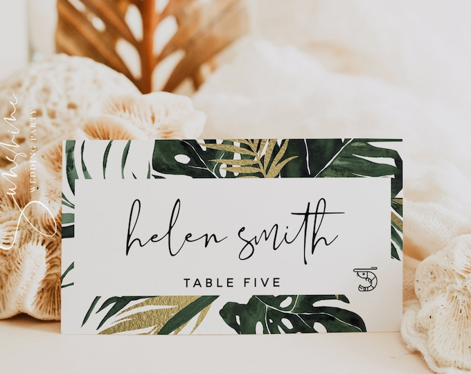 Tropical Greenery Place Cards Template, Monstera Wedding, Tent Fold Place Cards, Flat Place Cards, Table Name Cards, Instant Download, TG1