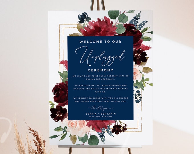 Navy Burgundy Unplugged Ceremony Sign Template, Marsala Floral Unplugged Sign, Wedding Unplugged Template, Instant Download, Templett, F17