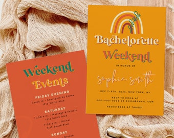 Retro Bachelorette Invitation & Itinerary | Groovy Bridal Weekend Template | Editable Templett | Instant Download | 70s Theme Printable