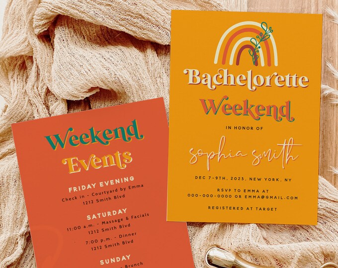 Retro Bachelorette Invitation & Itinerary | Groovy Bridal Weekend Template | Editable Templett | Instant Download | 70s Theme Printable