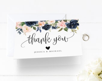 Wedding Thank You Card Template, INSTANT DOWNLOAD, 100% Editable, Printable, Navy Blush floral, Boho Wedding, Folded Card, DIY, Templett, F6