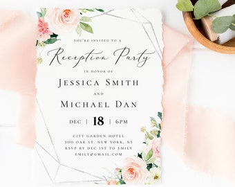 Wedding Reception Party Invitation Template Blush Silver Printable Reception 100% Editable Reception Templates Instant Download Templett F5B