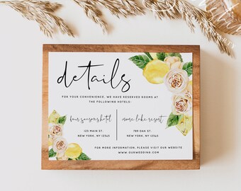 Citrus Lemon Wedding Details Card Template, Wedding Accommodations Card Template, Boho Wedding Printable, DIY Editable, Instant Download, L1