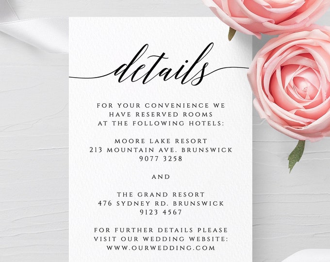 Wedding Details Card Template Fully Editable Printable Wedding Information Card Wedding Accommodations Card Template Templett Calligraphy R2