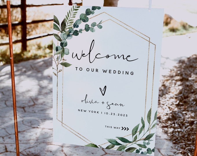 Greenery Wedding Welcome Sign Template, Wedding Welcome Sign Board, Printable Welcome Sign Cards, Editable Template, Instant Download, G5