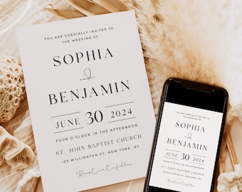 Modern Minimalist Wedding Invitation Template, Simple Wedding Invitation, Elegant Wedding Invites, Printable Invites, Instant Download, M10