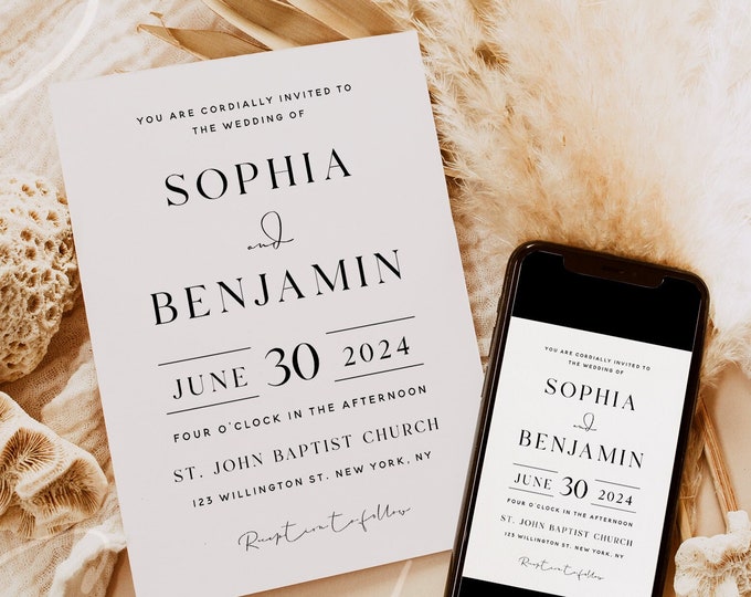 Modern Minimalist Wedding Invitation Template, Simple Wedding Invitation, Elegant Wedding Invites, Printable Invites, Instant Download, M10