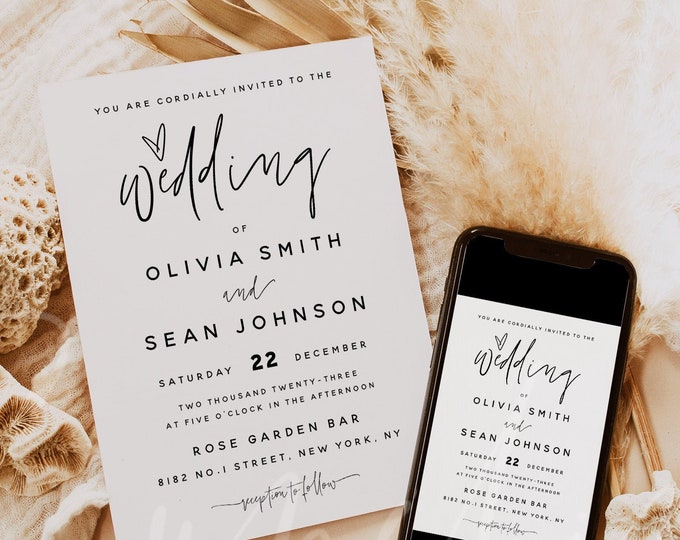 Modern Wedding Invitation Template, Minimalist Wedding Invitation Template, Printable Wedding Invitation, Instant Download, Templett, M7