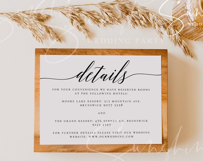 Wedding Details Card Template Fully Editable Printable Wedding Information Card Wedding Accommodations Card Template Templett Calligraphy R2