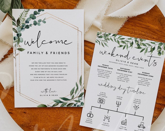 Greenery Wedding Welcome Letter & Itinerary Template, Weekend Events Timeline Template, Order of Events Card, Instant Download, Templett, G5