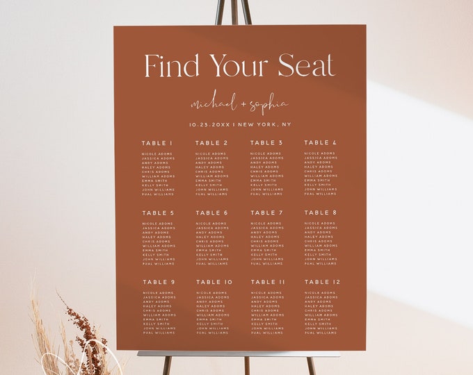 Terracotta Wedding Seating Chart Template, Boho Wedding, Seating Board, Seating Sign, Printable Seating Sign, DIY Editable, Burnt Orange, T1