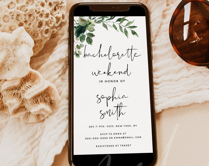 Greenery Bachelorette Party Invitation Template, Electronic Bachelorette Weekend Itinerary, Editable Template, Instant Download, Templett G5