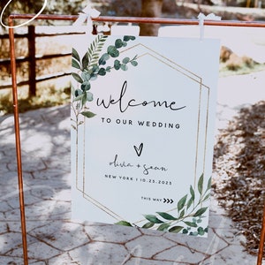 Modelo de placa de boas-vindas para casamento com vegetação, placa de boas-vindas para casamento, cartões de boas-vindas para impressão, modelo editável, download instantâneo, G5