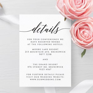 Modelo de cartão de detalhes do casamento, cartão de informações do casamento totalmente editável e imprimível, modelo de cartão de acomodações para casamento, Templett Calligraphy R2