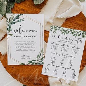 Greenery Wedding Welcome Letter & Itinerary Template, Weekend Events Timeline Template, Order of Events Card, Instant Download, Templett, G5