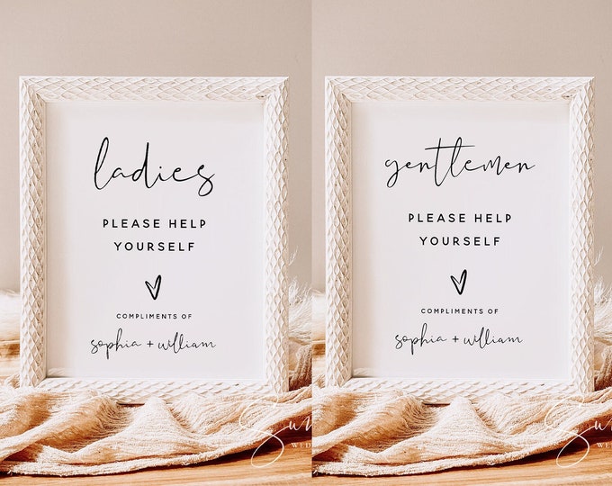 Ladies Bathroom Sign Template, Gentlemen Bathroom Sign Template, Wedding Bathroom Basket Sign, Modern, Minimalist, Instant Download, M8