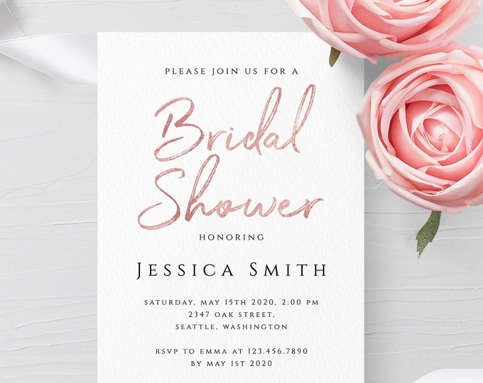 Editable Bridal Shower Invitation Template | Rose Gold Script | Add Photo & Change Background | Instant Download via Templett | M1