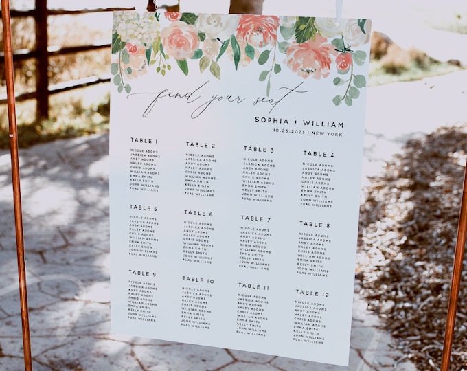 Peach Floral Wedding Seating Chart Sign Template, Printable Creamy Orange Floral Seating Chart Board Template, Instant Download, Templett F1