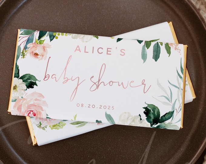 Blush White Floral Chocolate Bar Wrapper Template with Rose Gold Foil Text for Baby Shower, Bridal Shower, Wedding Party Chocolate Favors F5