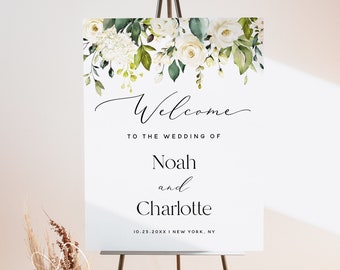 White Rose Wedding Welcome Sign Template, Bohemian Wedding, Welcome Sign, Elegant Wedding, Printable Sign, Editable Template, F7