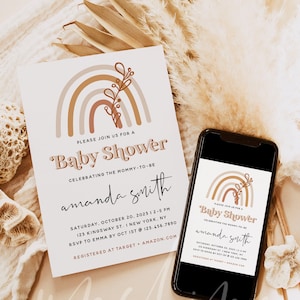 Invitación para baby shower / Plantilla arcoíris bohemia / Invitación editable / Descarga instantánea / Tarjeta imprimible / Género neutro / B1