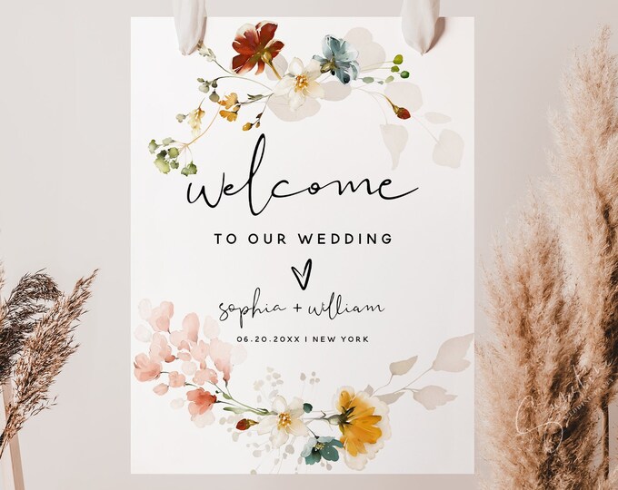 Garden Flowers Wedding Welcome Sign Template, Bohemian Wedding, Marsala Wedding, Editable Template, Instant Download, F16